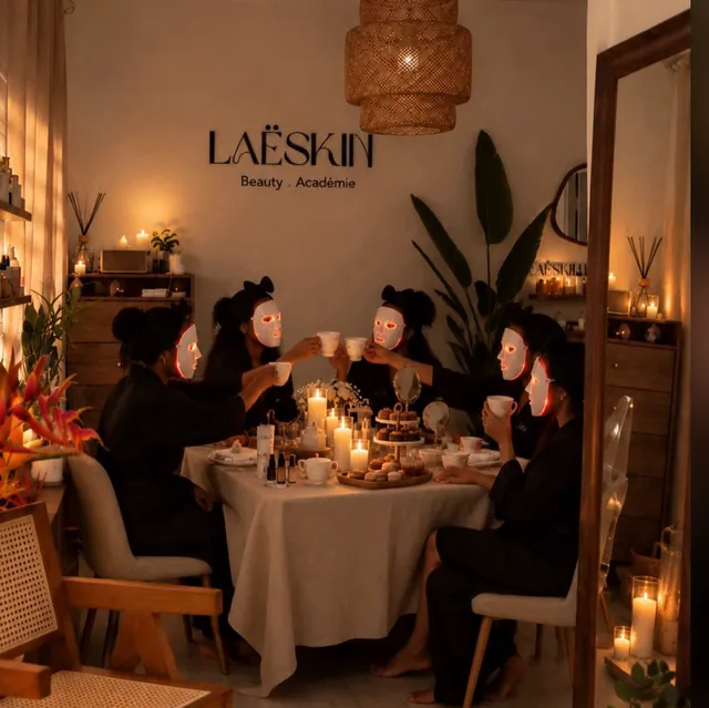 Des participantes en masque LED autour d'une table éclairée aux bougies
