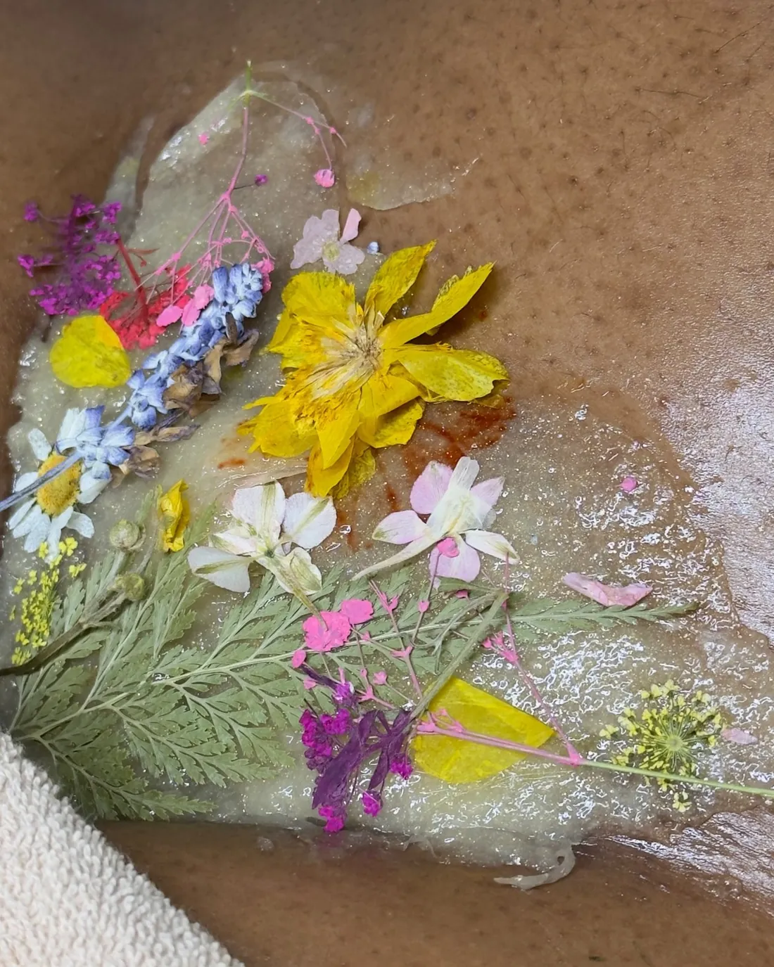 Une épilation du maillot à la cire, parée de fleurs séchées : fleur jaune, lavande, fougère et gypsophile rose
