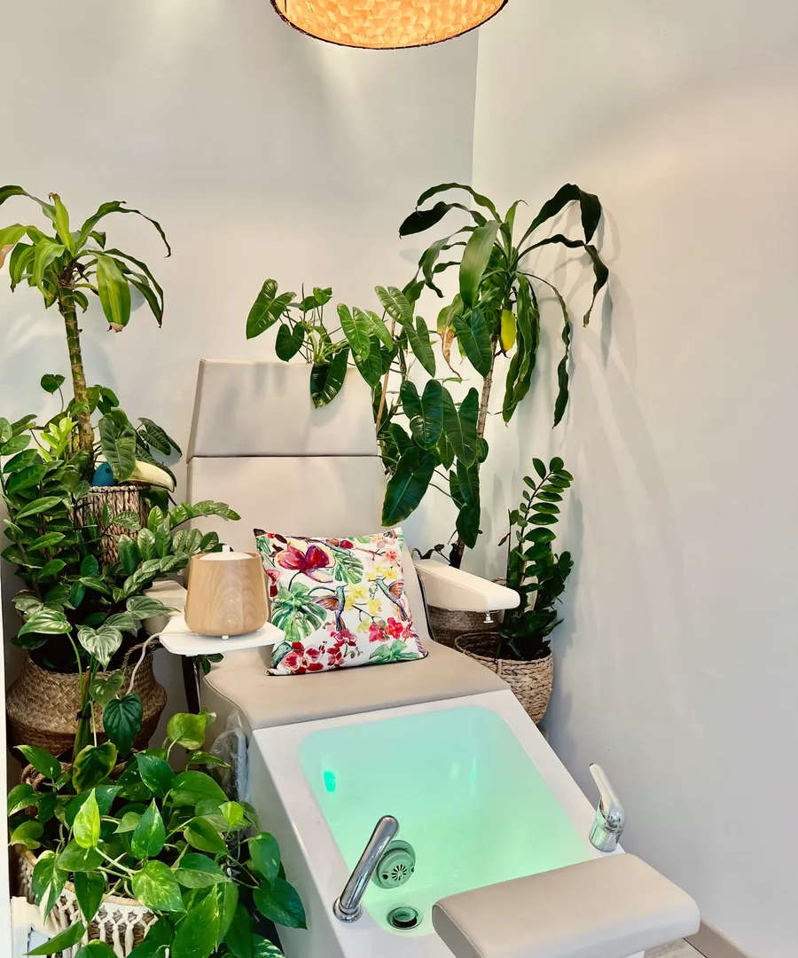 Le fauteuil de pédicure spa entouré de plantes, son bain éclairé en vert